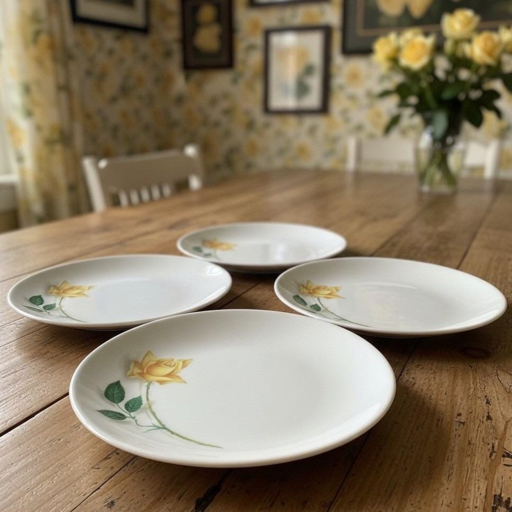 Canonsburg Pottery Yellow Rose Bread Plates, Set of 4, Vintage Floral Dinnerware